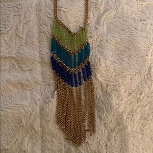 Long gold,green, blue necklace